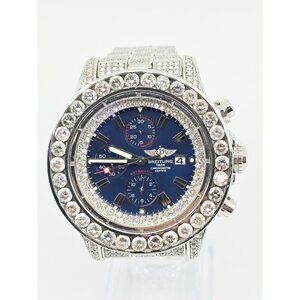 Custom Breitling A13370 Super Avenger XL Blue 48MM Steel Diamond Watch 18.60ct